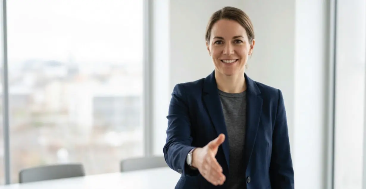 A smiling professional extending her hand for a handshake, representing a transparent business water partnership