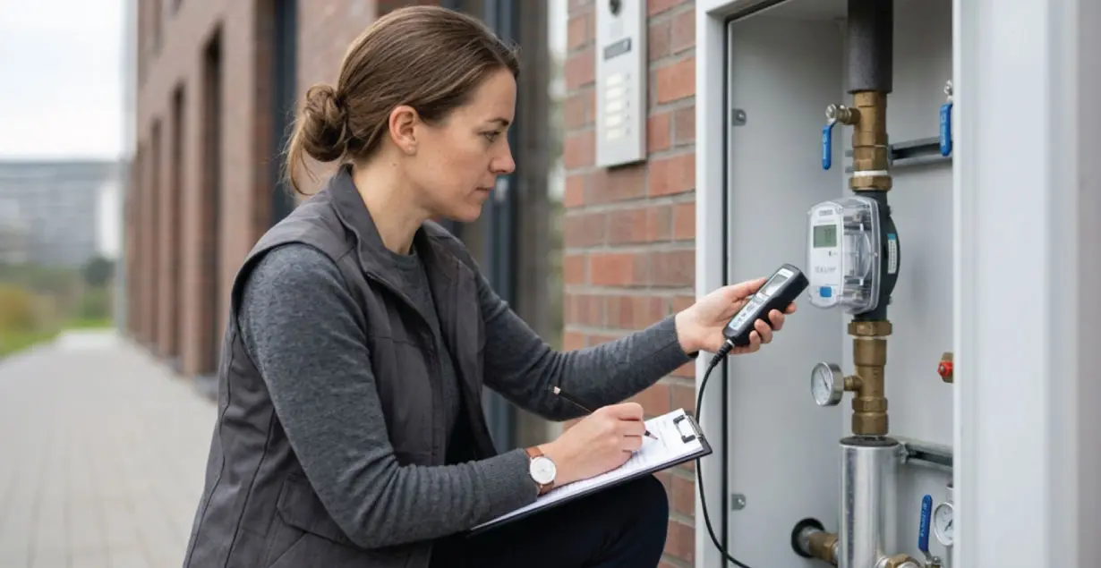 A technician auditing an outdoor commercial water meter to check consumption patterns and verify accurate readings