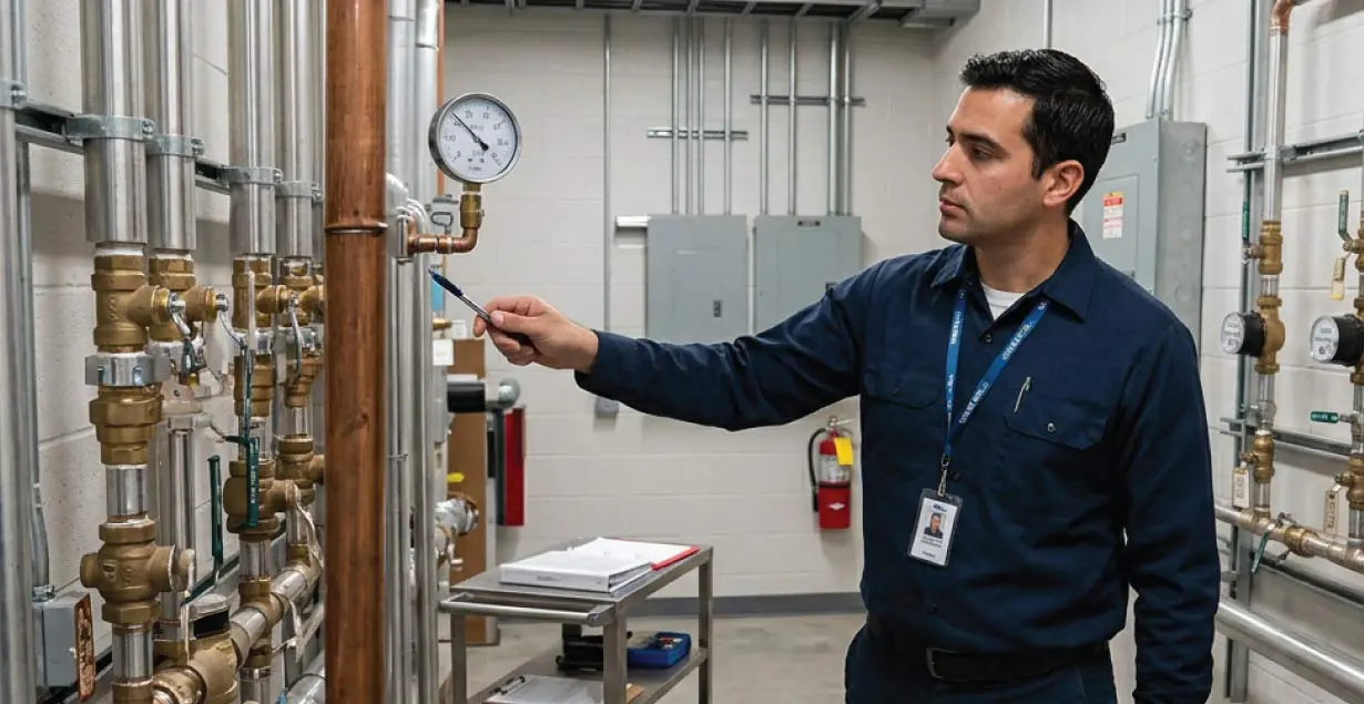 A technician pointing a pen toward a pressure gauge on a complex network of industrial water pipes