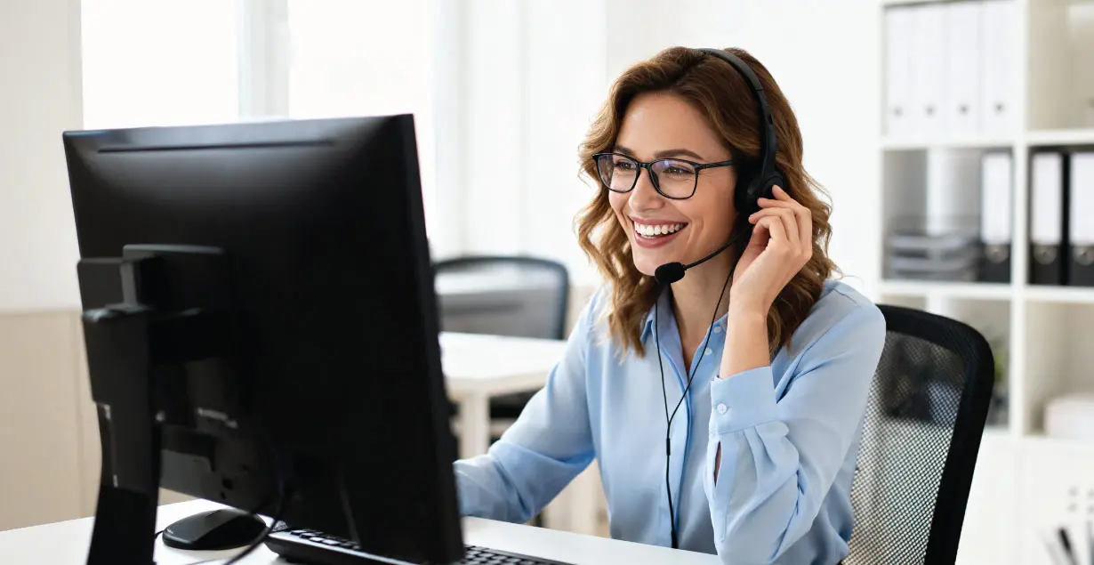 A smiling female utility consultant wearing a headset while working at her desk computer in an office