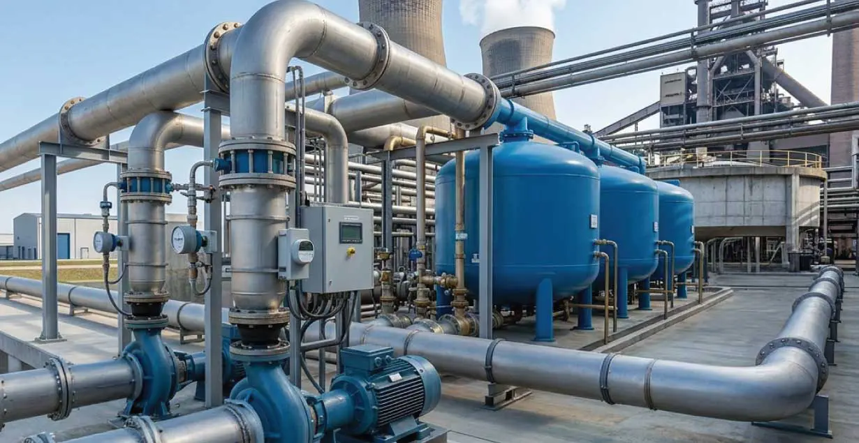 An outdoor industrial water processing facility featuring large blue treatment tanks, complex silver piping, and cooling towers