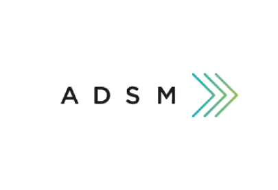 ADSM logo featuring black capital letters beside three green and teal directional arrows.