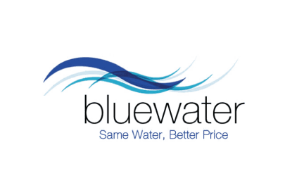 Bluewater logo featuring a blue wave motif above the company slogan.