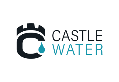 Castle Water logo featuring a castle battlement icon integrated with a water drop
