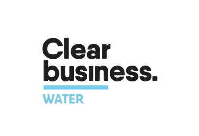 Clear Business Water logo featuring black text above a light blue line and blue water text on a white background