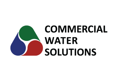 Commercial Water Solutions logo featuring a green, blue, and red rounded triangle icon beside stacked black text.