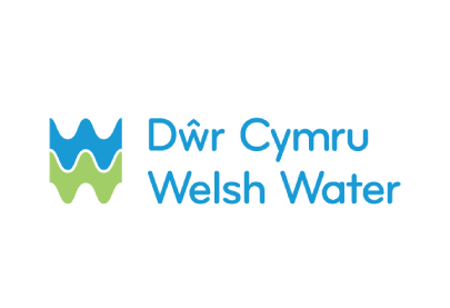 Logo for Dŵr Cymru Welsh Water featuring a blue and green wavy icon beside blue text.
