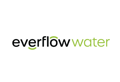 Everflow Water logo featuring green curves over the letters e and o