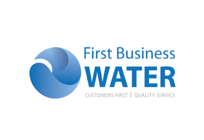 First Business Water logo featuring a blue circular swirl icon alongside stacked text.