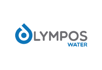Olympos Water logo with a blue droplet icon beside gray lettering on a white background.