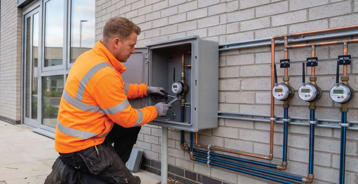 A utility technician in high-visibility gear installing and inspecting commercial smart water meters on an exterior brick building wall.