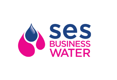 SES Business Water logo featuring a pink and blue water drop emblem alongside bold corporate text