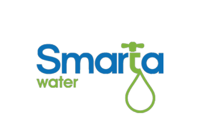 Smarta Water logo displaying blue text with a green tap and water drop icon.