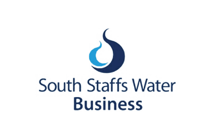 South Staffs Water Business logo featuring a dark and light blue flame or water drop emblem
