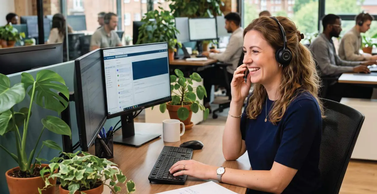 Smiling woman with a headset working at a computer desk in a modern open-plan office