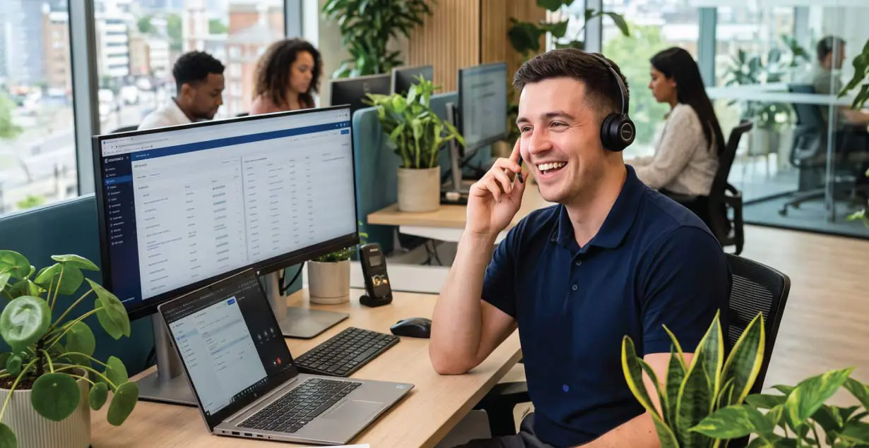 A smiling call center specialist wearing a headset at his desk, speaking on the phone in front of multiple computer screens displaying account management software.