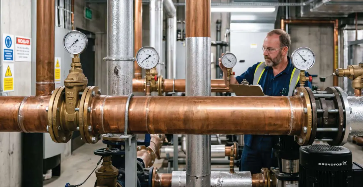 An engineer wearing protective safety glasses inspecting copper water pipes and pressure gauges in a commercial plant room while holding a clipboard.