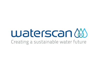 Waterscan logo featuring dark blue text alongside three outlined water drop icons in shades of blue and green.