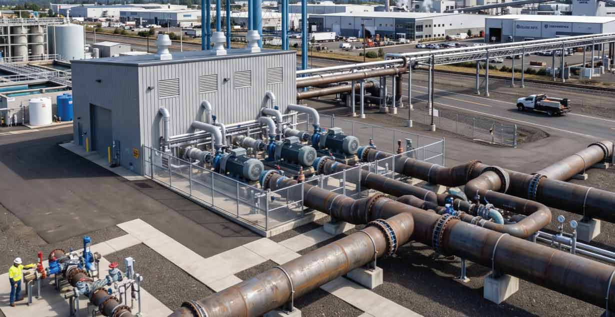 High-angle view of a large-scale industrial water pumping station with heavy pipeline infrastructure at a commercial manufacturing site.
